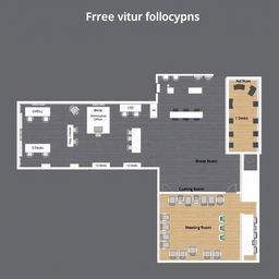 An elaborate office layout diagram showcasing a corporate workspace, featuring the following areas: an administrative office equipped with 10 desks, a break room containing 10 desks, a sales department with 5 desks, a human resources department featuring 5 desks, a spacious meeting room designed for 20 desks, and an additional break room housing 10 desks