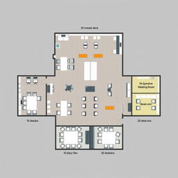 An elaborate office layout diagram showcasing a corporate workspace, featuring the following areas: an administrative office equipped with 10 desks, a break room containing 10 desks, a sales department with 5 desks, a human resources department featuring 5 desks, a spacious meeting room designed for 20 desks, and an additional break room housing 10 desks