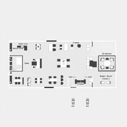 An elaborate office layout diagram showcasing a corporate workspace, featuring the following areas: an administrative office equipped with 10 desks, a break room containing 10 desks, a sales department with 5 desks, a human resources department featuring 5 desks, a spacious meeting room designed for 20 desks, and an additional break room housing 10 desks
