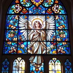 A stunning stained glass painting located in a serene church, featuring an angel as the central figure