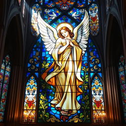 A stunning stained glass painting located in a serene church, featuring an angel as the central figure