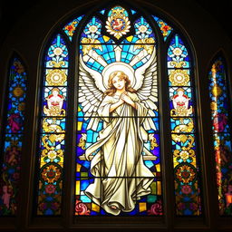 A stunning stained glass painting located in a serene church, featuring an angel as the central figure