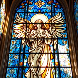 A stunning stained glass painting located in a serene church, featuring an angel as the central figure