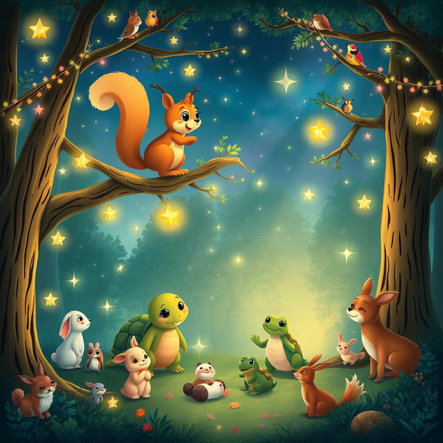 A magical forest illuminated by shimmering stars as night falls, creating a breathtaking scene filled with warmth and joy