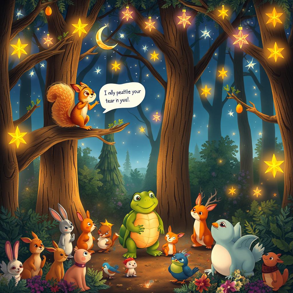 A magical forest illuminated by shimmering stars as night falls, creating a breathtaking scene filled with warmth and joy