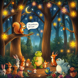 A magical forest illuminated by shimmering stars as night falls, creating a breathtaking scene filled with warmth and joy