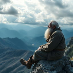 An elderly man with white hair and a long white beard is sitting on a rocky outcrop on a majestic mountain, gazing thoughtfully into the distance