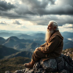 An elderly man with white hair and a long white beard is sitting on a rocky outcrop on a majestic mountain, gazing thoughtfully into the distance