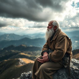 An elderly man with white hair and a long white beard is sitting on a rocky outcrop on a majestic mountain, gazing thoughtfully into the distance