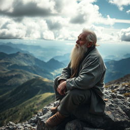 An elderly man with white hair and a long white beard is sitting on a rocky outcrop on a majestic mountain, gazing thoughtfully into the distance