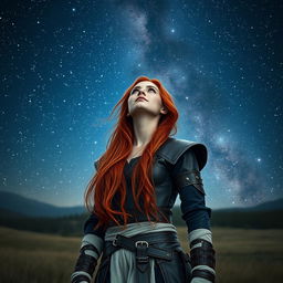 A 24-year-old woman with long, vibrant red hair flowing down her back, deep blue eyes sparkling with wonder, dressed in dark leather armor that clings to her form, accented with linen bandages wrapped around her arms and legs