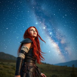 A 24-year-old woman with long, vibrant red hair flowing down her back, deep blue eyes sparkling with wonder, dressed in dark leather armor that clings to her form, accented with linen bandages wrapped around her arms and legs