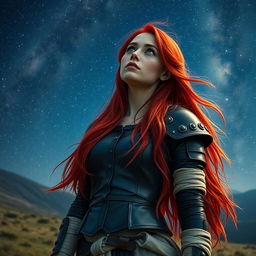 A 24-year-old woman with long, vibrant red hair flowing down her back, deep blue eyes sparkling with wonder, dressed in dark leather armor that clings to her form, accented with linen bandages wrapped around her arms and legs