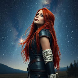 A 24-year-old woman with long, vibrant red hair flowing down her back, deep blue eyes sparkling with wonder, dressed in dark leather armor that clings to her form, accented with linen bandages wrapped around her arms and legs