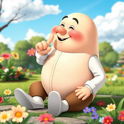 A whimsical and humorous scene featuring a cartoon-style, whole body representation of Humpty Dumpty