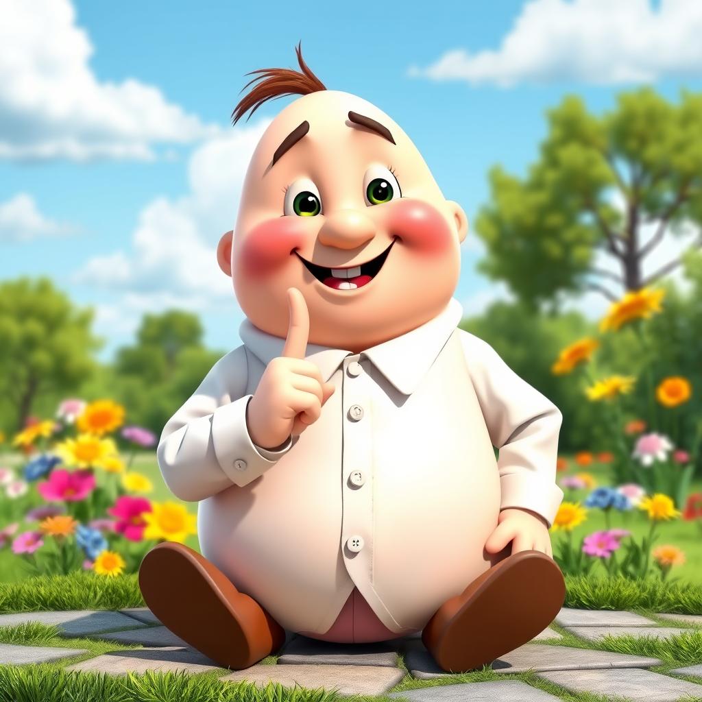 A whimsical and humorous scene featuring a cartoon-style, whole body representation of Humpty Dumpty