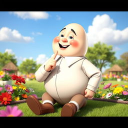 A whimsical and humorous scene featuring a cartoon-style, whole body representation of Humpty Dumpty