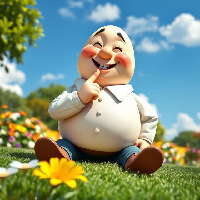 A whimsical and humorous scene featuring a cartoon-style, whole body representation of Humpty Dumpty