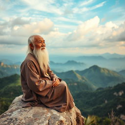 An elderly Vietnamese man with distinctive white hair and a long white beard is sitting majestically on a rocky ledge atop a beautiful mountain, gazing thoughtfully into the expansive distance