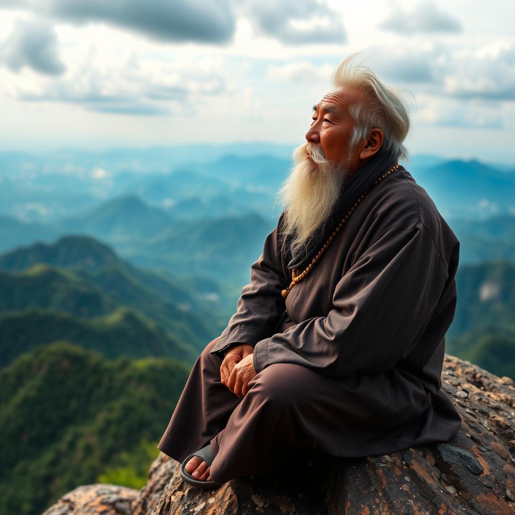 An elderly Vietnamese man with distinctive white hair and a long white beard is sitting majestically on a rocky ledge atop a beautiful mountain, gazing thoughtfully into the expansive distance