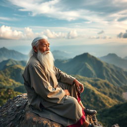 An elderly Vietnamese man with distinctive white hair and a long white beard is sitting majestically on a rocky ledge atop a beautiful mountain, gazing thoughtfully into the expansive distance