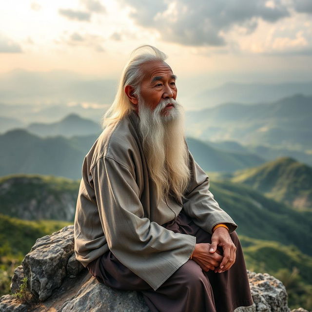 An elderly Vietnamese man with distinctive white hair and a long white beard is sitting majestically on a rocky ledge atop a beautiful mountain, gazing thoughtfully into the expansive distance