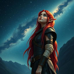 A young elven woman with long, vibrant red hair cascading gracefully down her shoulders, deep blue eyes shining with awe, dressed in sleek dark leather armor that accentuates her agile form, complemented by linen bandages artfully wrapped around her arms and legs