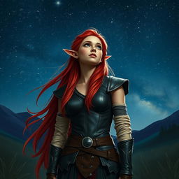 A young elven woman with long, vibrant red hair cascading gracefully down her shoulders, deep blue eyes shining with awe, dressed in sleek dark leather armor that accentuates her agile form, complemented by linen bandages artfully wrapped around her arms and legs