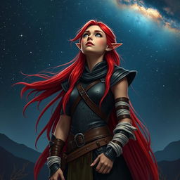 A young elven woman with long, vibrant red hair cascading gracefully down her shoulders, deep blue eyes shining with awe, dressed in sleek dark leather armor that accentuates her agile form, complemented by linen bandages artfully wrapped around her arms and legs