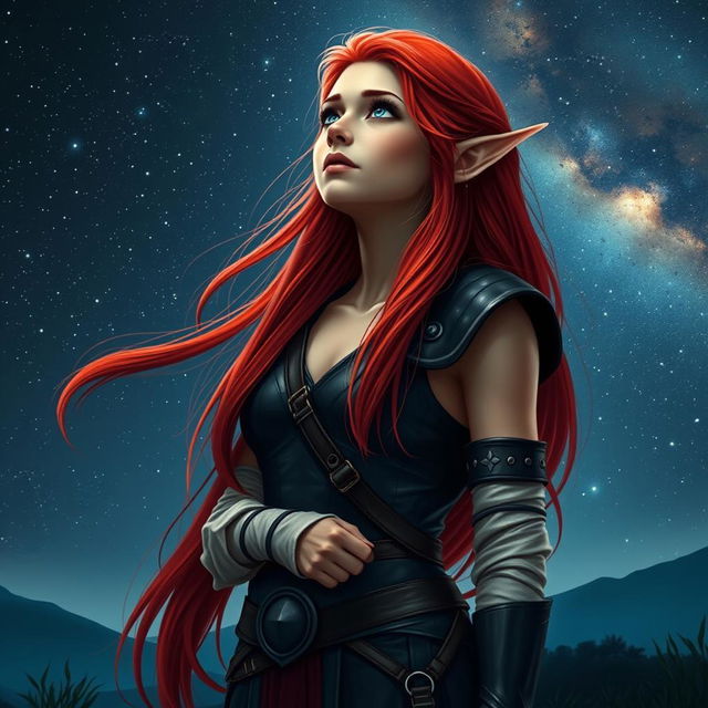 A young elven woman with long, vibrant red hair cascading gracefully down her shoulders, deep blue eyes shining with awe, dressed in sleek dark leather armor that accentuates her agile form, complemented by linen bandages artfully wrapped around her arms and legs