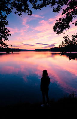 A dreamy, ethereal landscape at sunset, featuring a serene lake reflecting the vibrant colors of the sky, with soft wispy clouds