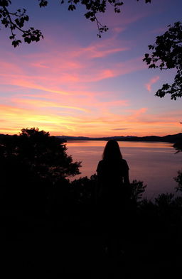 A dreamy, ethereal landscape at sunset, featuring a serene lake reflecting the vibrant colors of the sky, with soft wispy clouds