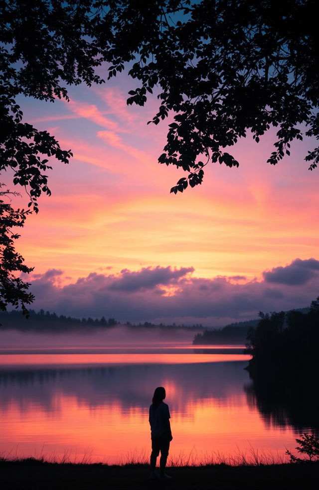 A dreamy, ethereal landscape at sunset, featuring a serene lake reflecting the vibrant colors of the sky, with soft wispy clouds