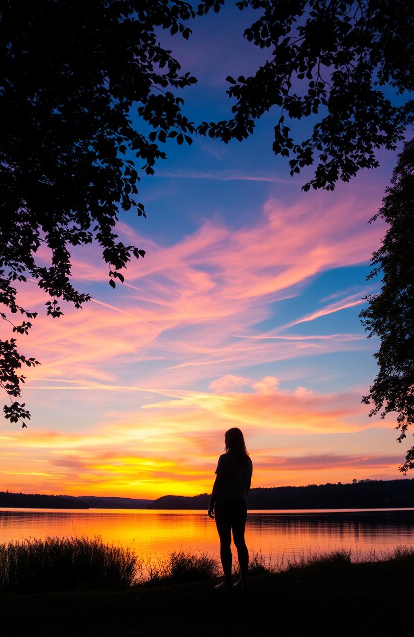 A dreamy, ethereal landscape at sunset, featuring a serene lake reflecting the vibrant colors of the sky, with soft wispy clouds