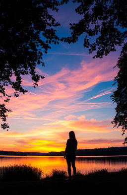 A dreamy, ethereal landscape at sunset, featuring a serene lake reflecting the vibrant colors of the sky, with soft wispy clouds