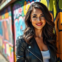 A stunning portrait of a confident woman with long wavy dark hair, wearing an elegant black leather jacket and a white top, standing against a vibrant graffiti wall