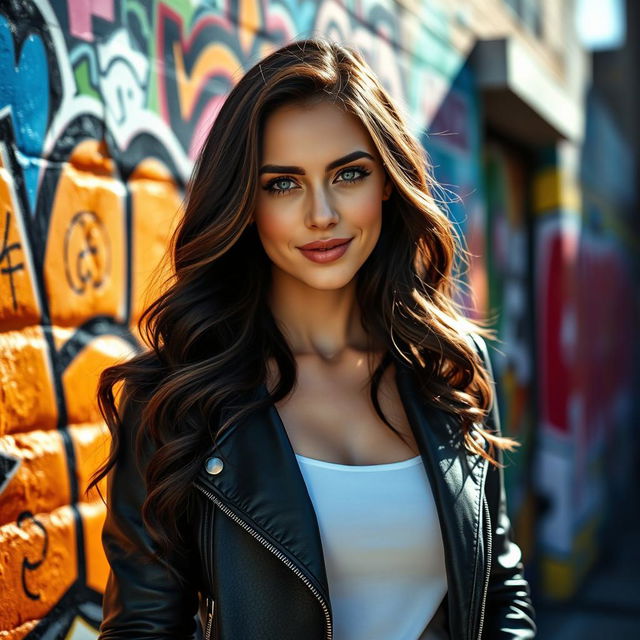 A stunning portrait of a confident woman with long wavy dark hair, wearing an elegant black leather jacket and a white top, standing against a vibrant graffiti wall