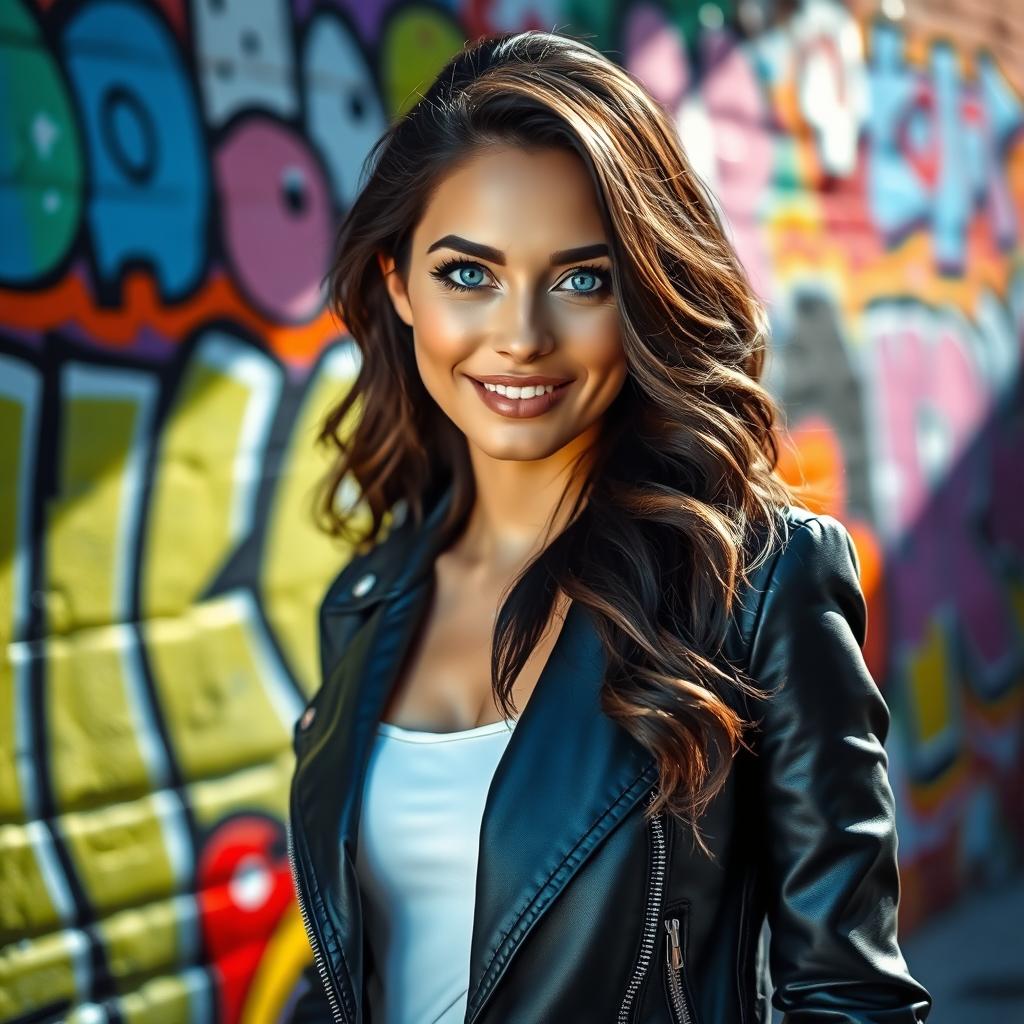 A stunning portrait of a confident woman with long wavy dark hair, wearing an elegant black leather jacket and a white top, standing against a vibrant graffiti wall