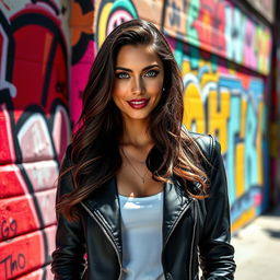 A stunning portrait of a confident woman with long wavy dark hair, wearing an elegant black leather jacket and a white top, standing against a vibrant graffiti wall