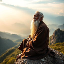 An elderly Vietnamese man with striking white hair and a long white beard is seated on a rocky ledge atop a magnificent mountain, gazing intently into the distance
