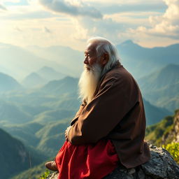 An elderly Vietnamese man with striking white hair and a long white beard is seated on a rocky ledge atop a magnificent mountain, gazing intently into the distance