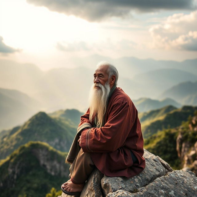 An elderly Vietnamese man with striking white hair and a long white beard is seated on a rocky ledge atop a magnificent mountain, gazing intently into the distance