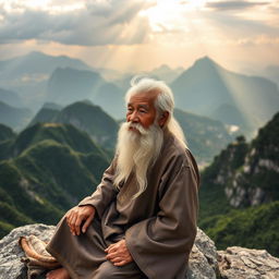 An elderly Vietnamese man with striking white hair and a long white beard is seated on a rocky ledge atop a magnificent mountain, gazing intently into the distance