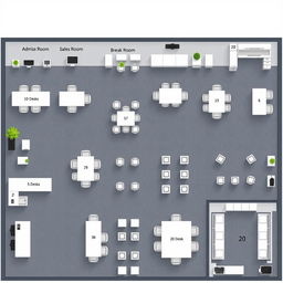 A visually comprehensive layout of a corporate office featuring the following designated areas: an administrative office with 10 desks, a break room also containing 10 desks, a sales department with 5 desks, a human resources department with 5 desks, a large meeting room arranged for 20 desks, and another break room incorporating 10 desks