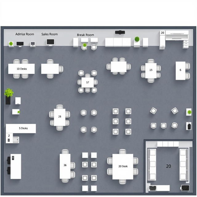 A visually comprehensive layout of a corporate office featuring the following designated areas: an administrative office with 10 desks, a break room also containing 10 desks, a sales department with 5 desks, a human resources department with 5 desks, a large meeting room arranged for 20 desks, and another break room incorporating 10 desks