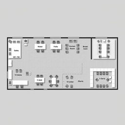 A visually comprehensive layout of a corporate office featuring the following designated areas: an administrative office with 10 desks, a break room also containing 10 desks, a sales department with 5 desks, a human resources department with 5 desks, a large meeting room arranged for 20 desks, and another break room incorporating 10 desks
