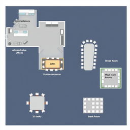 A visually comprehensive layout of a corporate office featuring the following designated areas: an administrative office with 10 desks, a break room also containing 10 desks, a sales department with 5 desks, a human resources department with 5 desks, a large meeting room arranged for 20 desks, and another break room incorporating 10 desks