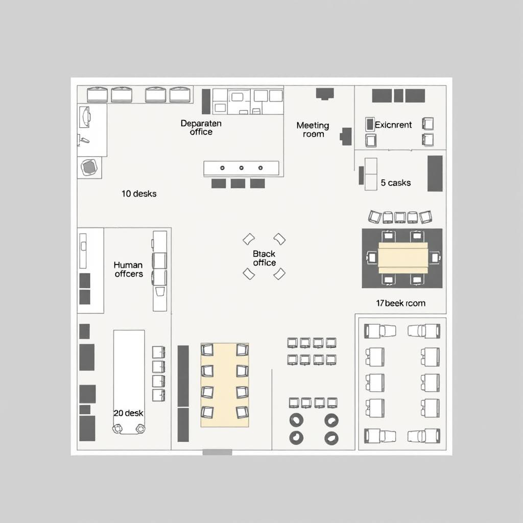 A visually comprehensive layout of a corporate office featuring the following designated areas: an administrative office with 10 desks, a break room also containing 10 desks, a sales department with 5 desks, a human resources department with 5 desks, a large meeting room arranged for 20 desks, and another break room incorporating 10 desks
