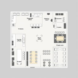 A visually comprehensive layout of a corporate office featuring the following designated areas: an administrative office with 10 desks, a break room also containing 10 desks, a sales department with 5 desks, a human resources department with 5 desks, a large meeting room arranged for 20 desks, and another break room incorporating 10 desks