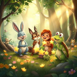 A heartwarming scene in a lush, enchanting forest where a diverse group of woodland friends are celebrating their accomplishments together